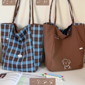 双面背棕色格子帆布包包女 韩系百搭学生上课通勤托特包大单肩包