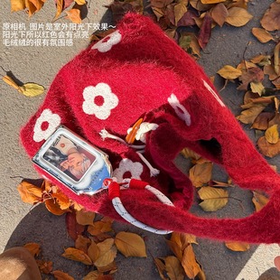 韩系毛呢包包女秋冬季 学院风毛绒托特包学生上课通勤大容量单肩包