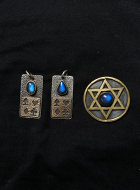 印度尼泊尔手工银饰项链吊坠 纯银镶嵌天然拉长石六角星芒 扑克牌