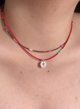 印度琉璃极细项链泰国手工银十字架红色锁骨链轻奢小众饰品多巴胺