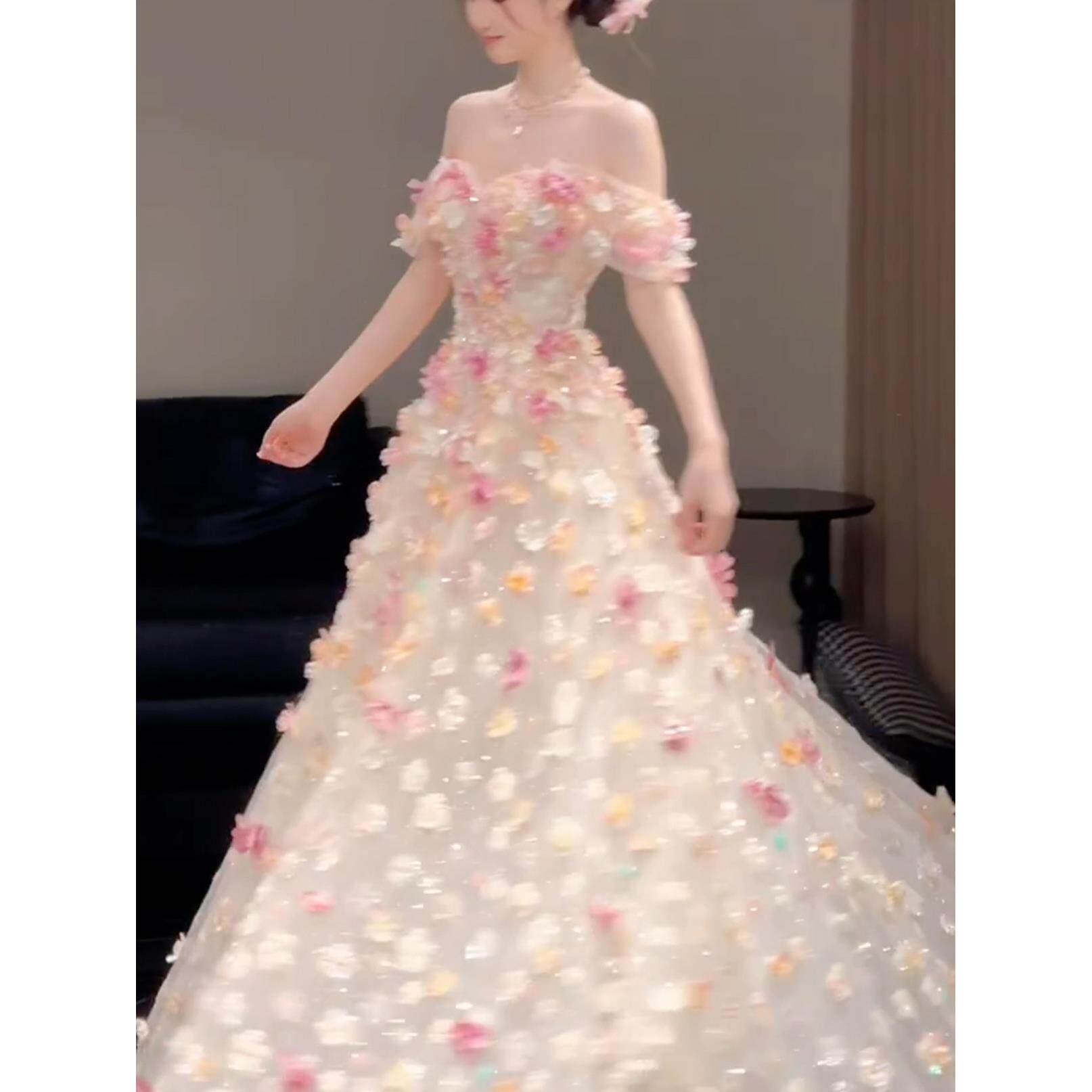 一字肩重工花朵敬酒服高端新娘花仙子公主裙轻奢小众订婚晚礼服女图片
