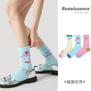 Renaissance袜子女夏季中筒袜ins潮流网眼透气条纹薄款日系女袜