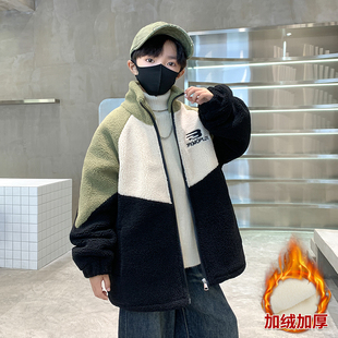 男童秋冬装外套2025新款中大儿童加绒加厚羊羔绒毛毛衣男孩上衣潮