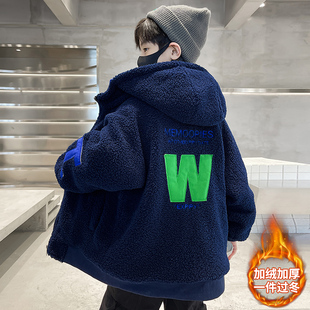 男童羊羔绒外套2025新款儿童秋冬装加绒加厚毛毛衣男孩棉衣时髦潮