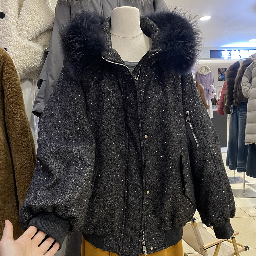 冬季亮钻大毛领连帽派克服女款
