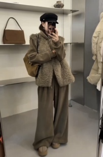 捡漏！皮毛环保皮草马甲+连帽卫衣三件套女冬垂感阔腿裤套装