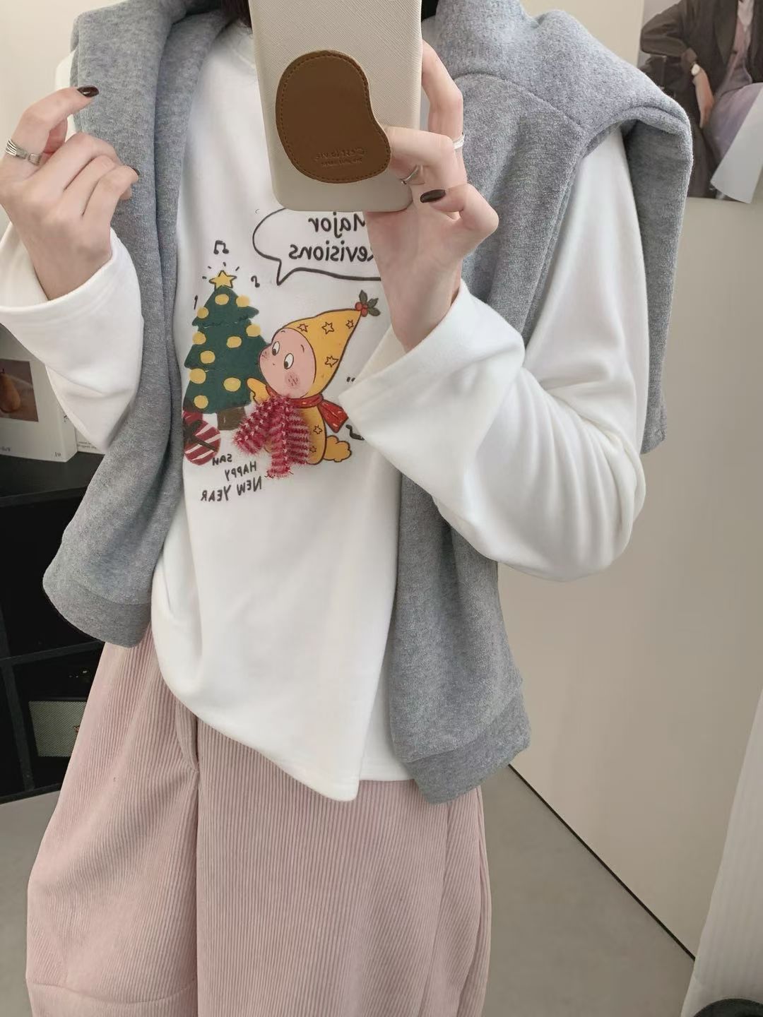 2025冬季新款韩版宽松圣诞卡通印花圆领上衣打底衫磨毛T加厚打底