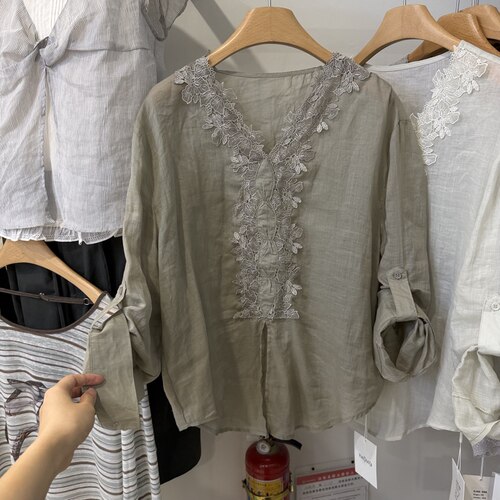 预韩系重工V领蕾丝提花长袖防晒衣衬衫女夏薄款麻料松弛感上衣潮