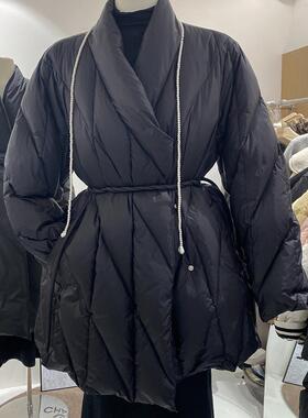 欧货V领百搭24冬季新款白鸭绒中长款羽绒服外套女暗格带腰带显瘦