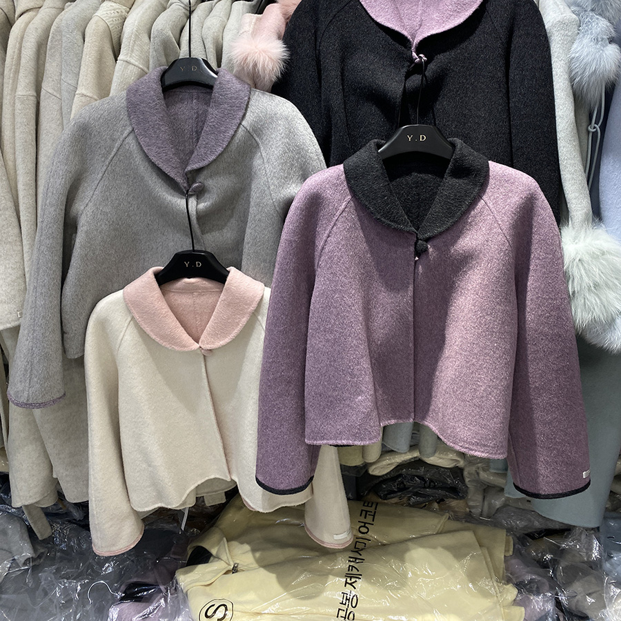 韩版拼色翻领双面羊毛短款大衣女温柔风百搭显瘦外套