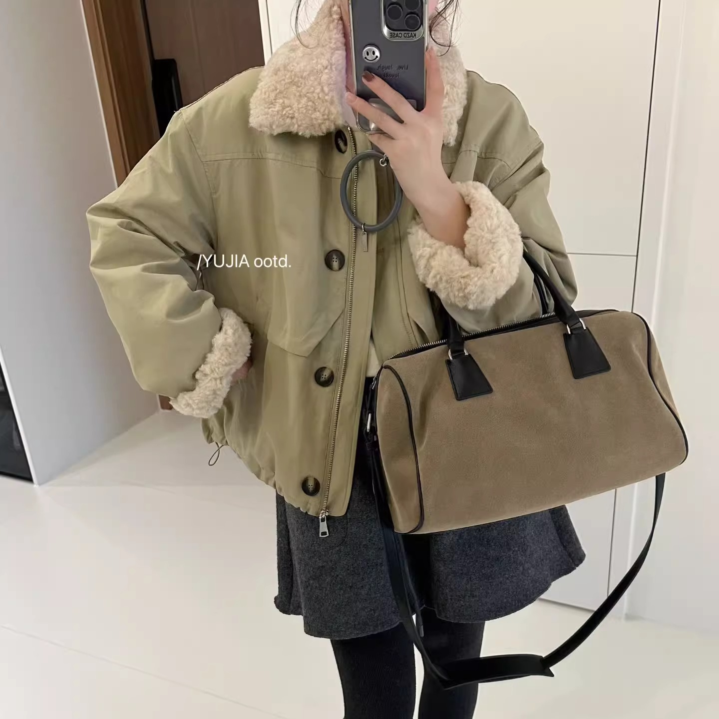 复古羊羔毛领派克羽绒服