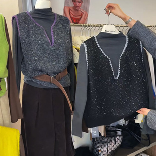 欧货亮片无袖针织马甲打底衫女2025秋季洋气叠穿宽松高级感两件套