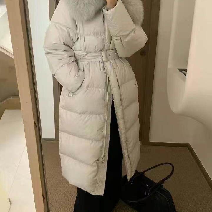 韩版大长款白鸭绒羽绒服加厚女冬季欧货收腰显瘦大毛领外套