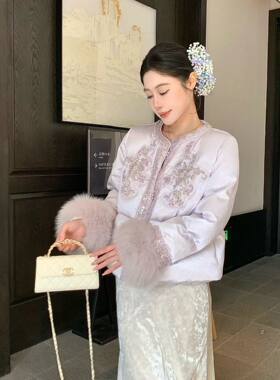 反季捡漏！新中式国风羽绒服女冬季白鸭绒袖口狐狸毛名媛外套