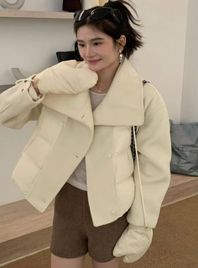 手套款拼接翻领白色羽绒服女冬季短款洋气时髦加厚90白鸭绒外套