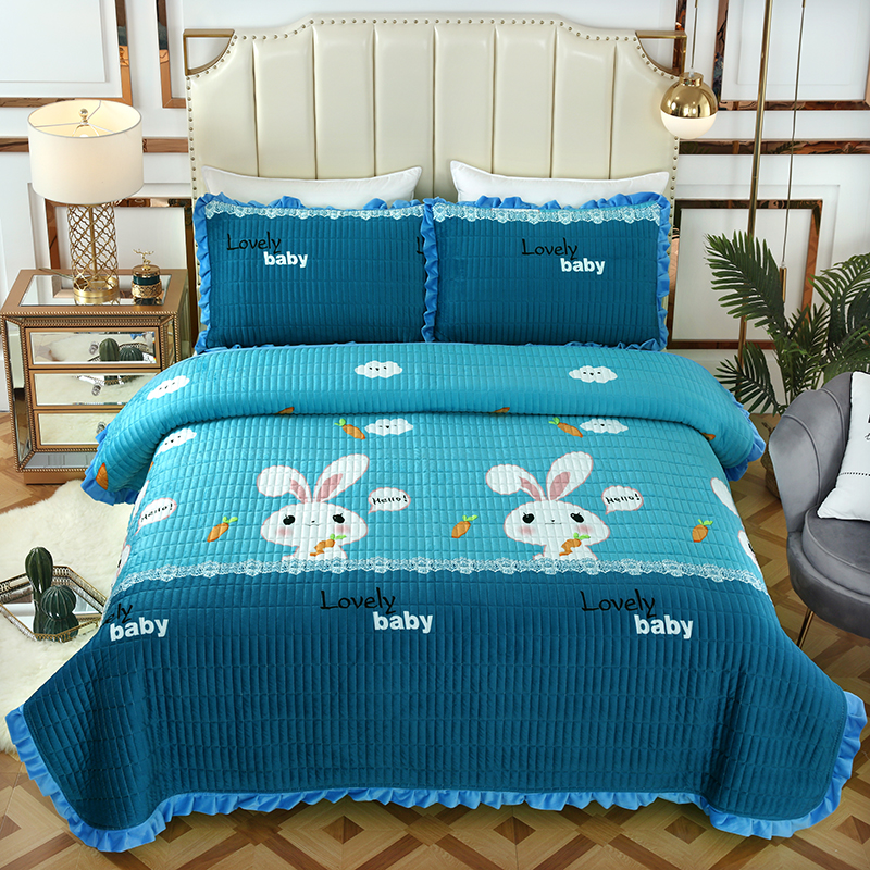 两面三件套夹棉卡通绒床盖