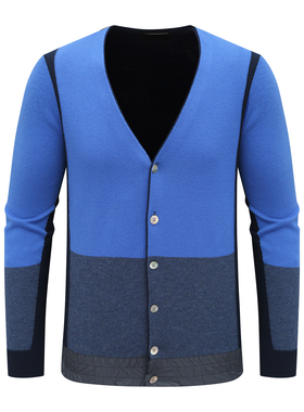 KN11康L尼L男式羊毛衫舒适有弹力 羊毛休闲开衫毛衣 蓝色