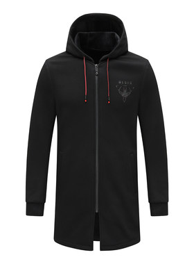 H1361秋冬厚度男风衣 拉链长款舒适休闲外套 黑色