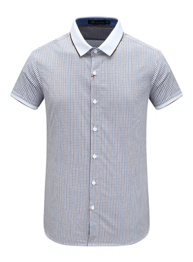 AB1437邦纳男夏季短袖衬衫 棉休闲商务上衣 蓝色白格 时尚都市