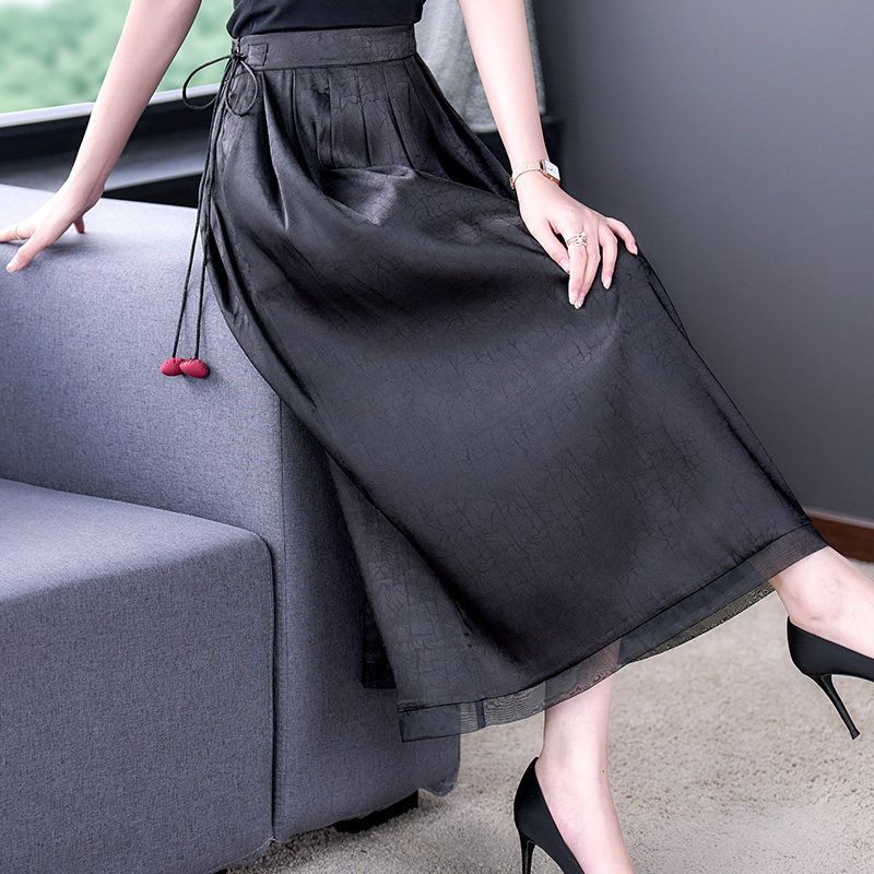 中老年妈妈装重磅提花黑色真丝香云纱半身裙 女中式飘逸a字长裙子