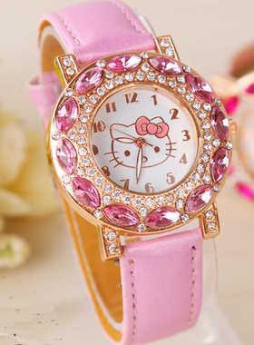 韩版儿童手表女孩时尚防水石英表卡通可爱公主粉KT猫小学生电子表