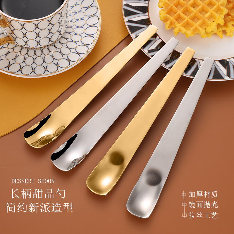 304不锈钢勺子网红长柄加厚甜品蛋糕勺子平头搅拌雪糕搅拌勺韩式