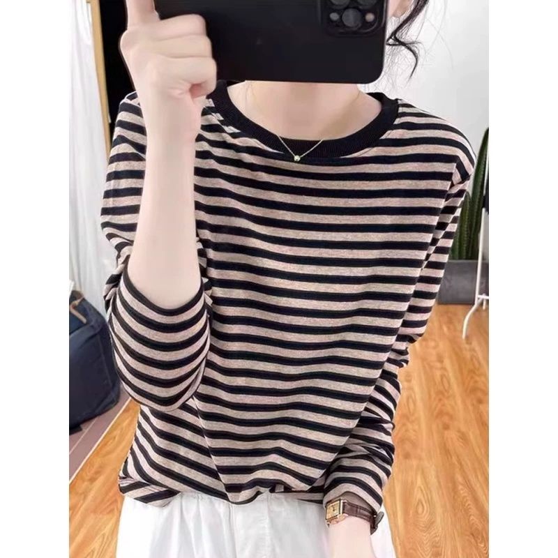 通勤风条纹长袖T恤女纯棉百搭减龄打底衫上衣基础款套头圆领女装
