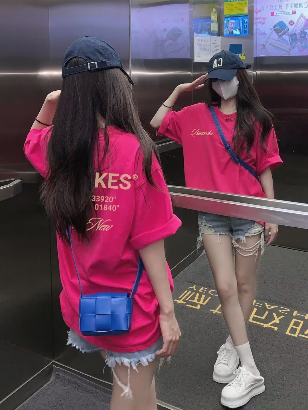 100%纯棉玫红色短袖T恤女小众韩版中长款百搭上衣女学生ins潮