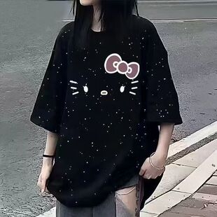 卡通可爱风满天星Hello Kitty印花短袖T恤女黑色宽松上衣潮宽松型