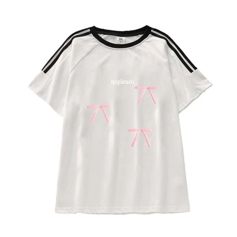 美式复古三条杠蝴蝶结印花短袖