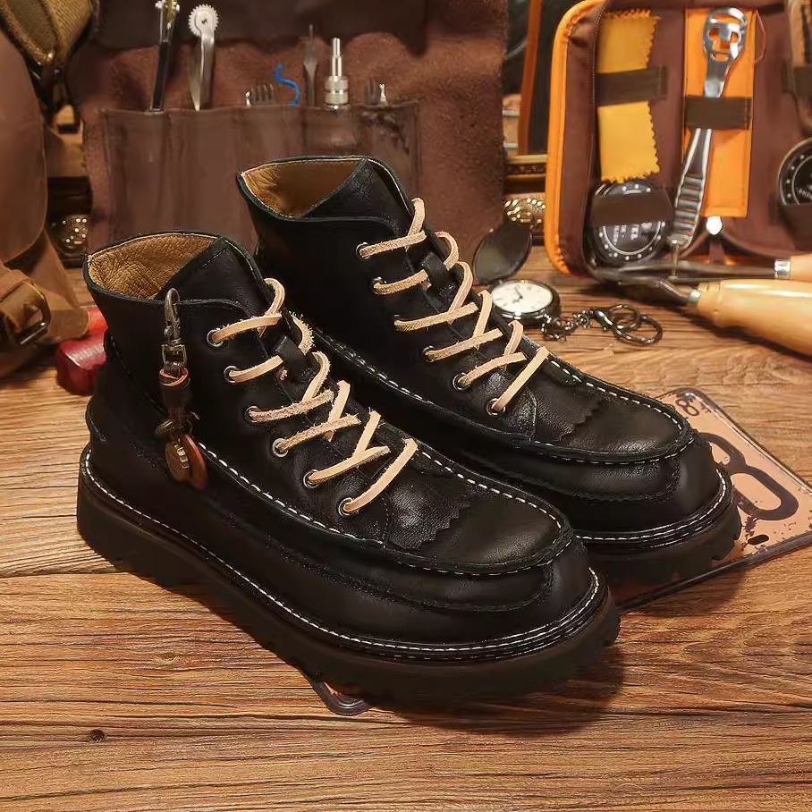 戟马2025秋季新款马丁靴男真皮复古休闲高帮手工牛皮皮鞋工装靴