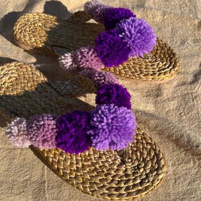Thailand#泰国紫色网红撞色毛球拖鞋手工鞋Purple Pom Pom Sandal