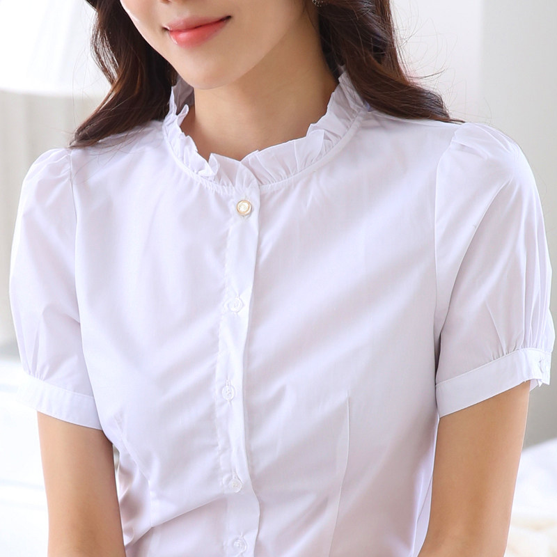 通勤白色立领泡泡袖修身女衬衫