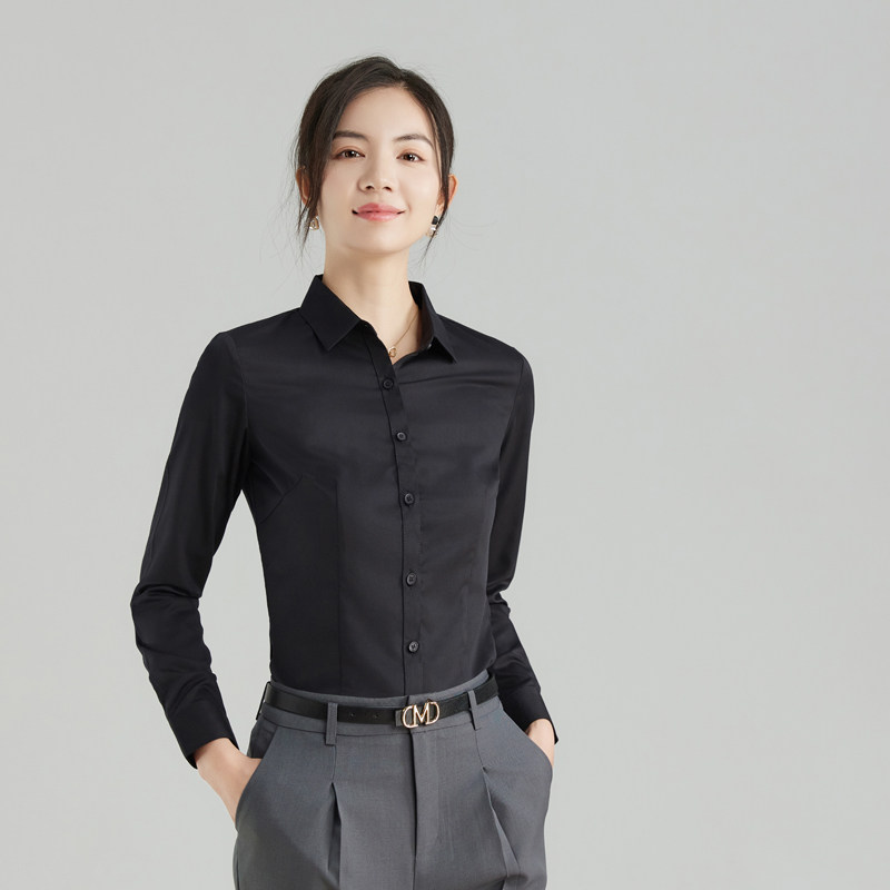 2026春秋通勤黑色修身女衬衫
