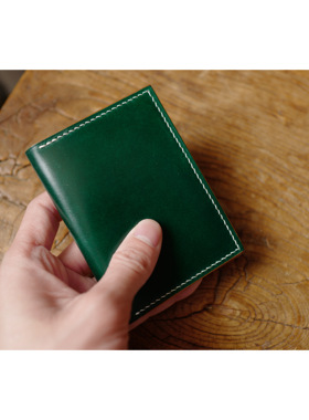 日本 小川马臀皮 高级水染 轻薄简易 对折手缝卡包 卡夹 墨绿色