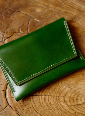 日本 小川马臀皮 高级水染 轻薄简易 手缝卡包 卡夹 现货 绿色