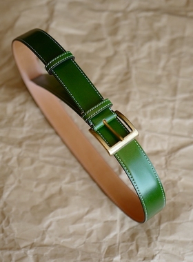 日本 小川水染马臀皮腰带定制 绿色马臀皮带 意大利纯铜方扣 现货