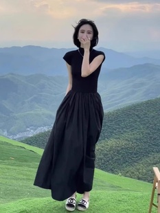 赫本风气质长裙拼接黑色连衣裙小众设计感 法式 新款 欧洲站2024夏季