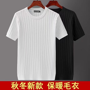 秋冬短袖毛衣男士大码针织衫新款修身t恤加厚圆领打底纯色帅上衣