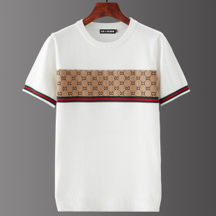 男士冬季修身半截短袖加大加厚针织衫提花圆领针织衫大码胖子上衣