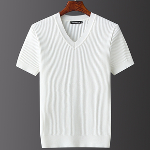 V领短袖毛衣修身男士大码针织衫秋冬新款鸡心领半袖内搭保暖上衣