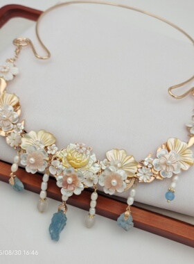 闲时原创汉服配饰蝶贝淡水珍珠海蓝宝项圈璎珞百搭富贵华丽款铜镀