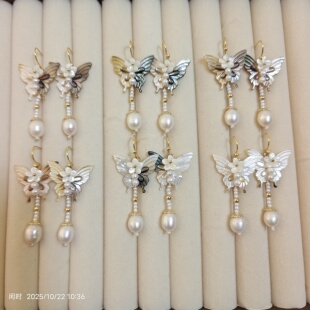 闲时原创汉服旗袍配饰蝶贝蝴蝶淡水珍珠耳钩耳夹百搭日常温柔款铜