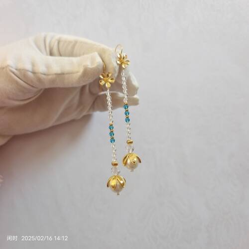 闲时汉服耳饰小花古风细长款尖晶湖蓝色耳环耳坠铜镀24k真金保色