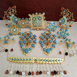 汉服发饰仿唐李倕公主冠头饰随形石流苏额冠团花钗流苏发夹小发钗