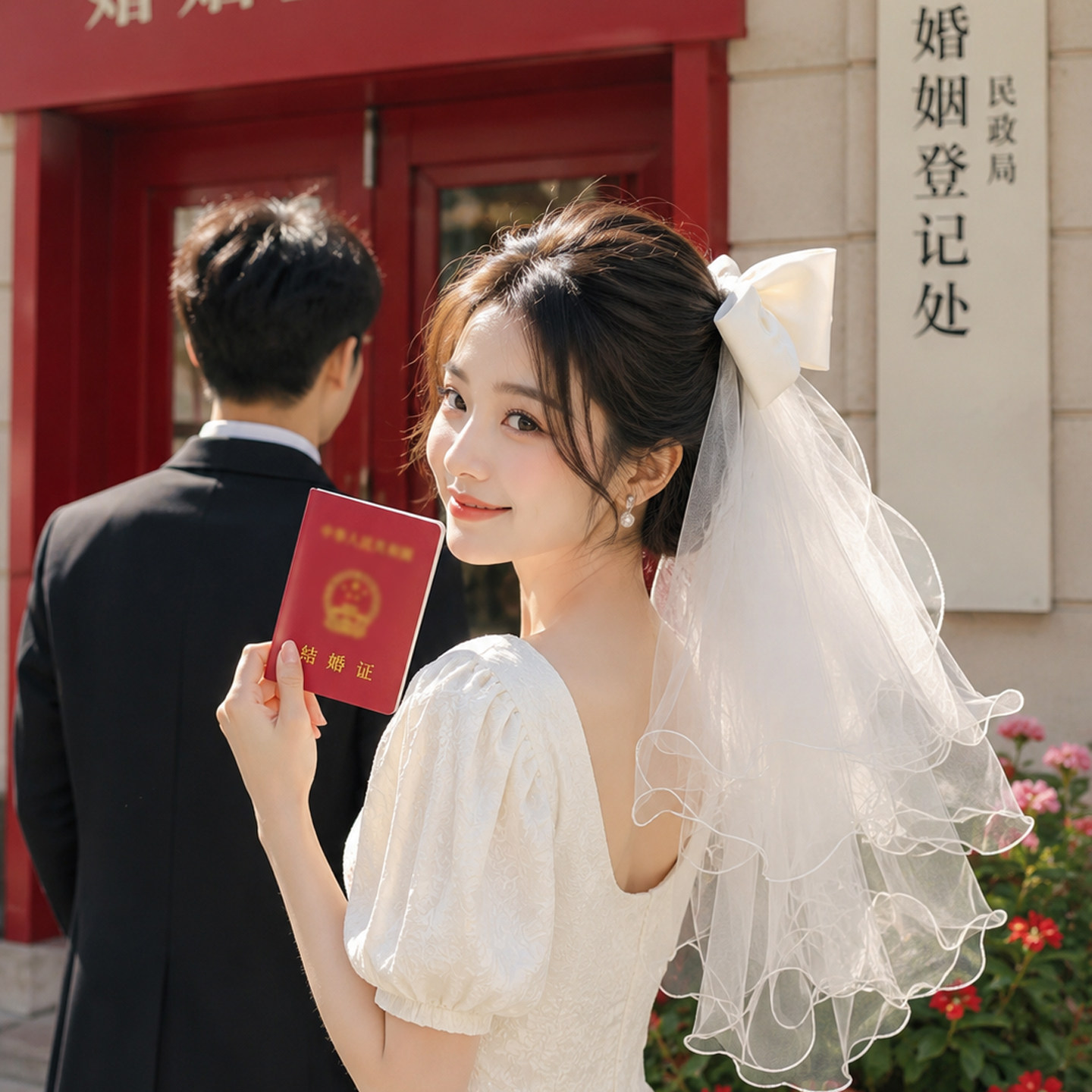 领证登记造型头饰白色素纱钉珠头纱新娘求婚订婚拍照实用小道具