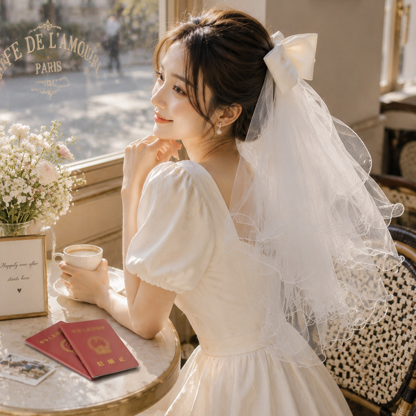 仪式感满分白色头纱钉珠素纱款新娘领证求婚婚纱造型拍照专用头饰