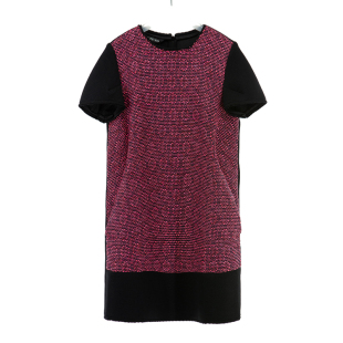 台湾品牌裘*诺 春秋款 网格拼接粗呢子短袖圆领连衣裙 642518E
