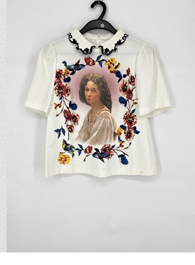 夏款 撤柜品牌 季*风 人物图像翻领休闲百搭T恤女0572CC414