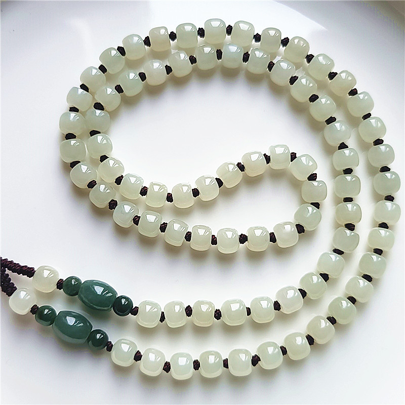 和田玉项链吊坠珠链手工编织时尚百搭白色复古绿色翡翠长链男气质